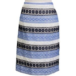 Talbots Retail Crochet Lace Striped Skirt 8 Lined Cream Blue Black Preppy Zipper